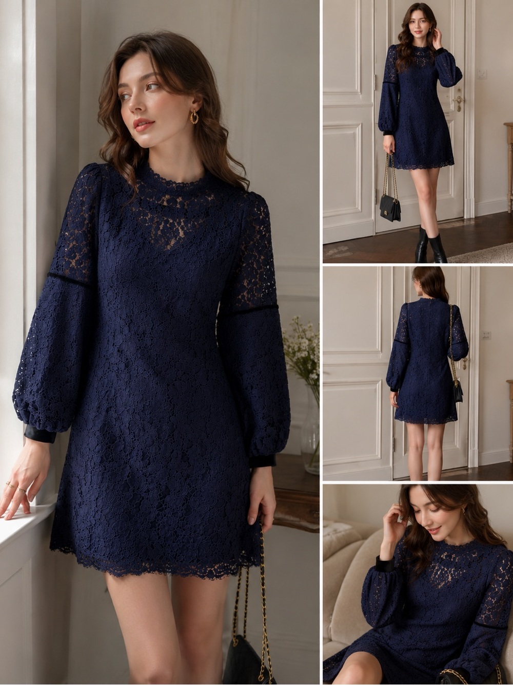 Women's Navy Lace Long-Sleeve Mini Dress